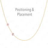 A yellow gold necklace with labeled positions for two charms on a white background, with the words "Positioning & Placement" on the top.