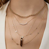 Layered gold necklaces with various pendants on a neutral background