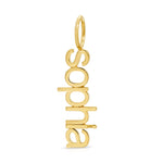 A gold nameplate pendant with the name 'Sophia' written out in lowercase lettering, attached to a jump ring.