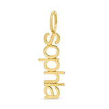 A gold nameplate pendant with the name 'Sophia' written out in lowercase lettering, attached to a jump ring.