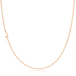 A rose gold necklace with a J letter charm on a white background.