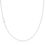 A white gold necklace with an J letter charm on a white background.