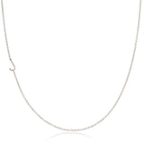 A white gold necklace with an J letter charm on a white background.