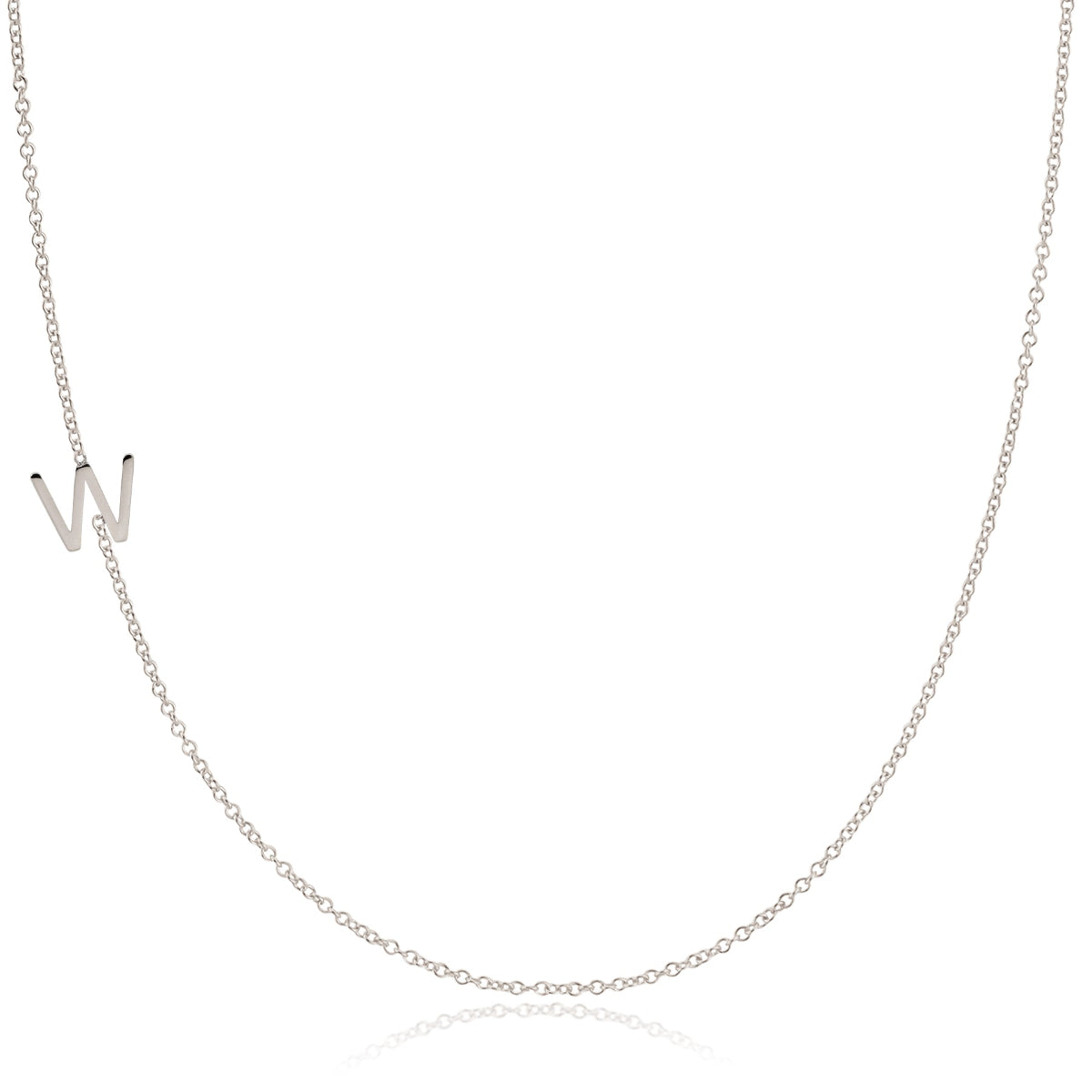 A white gold necklace with a W letter charm on a white background.