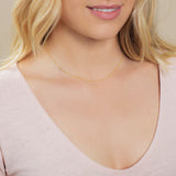 A close-up of a woman's neck wearing a yellow gold necklace with a letter S charm.