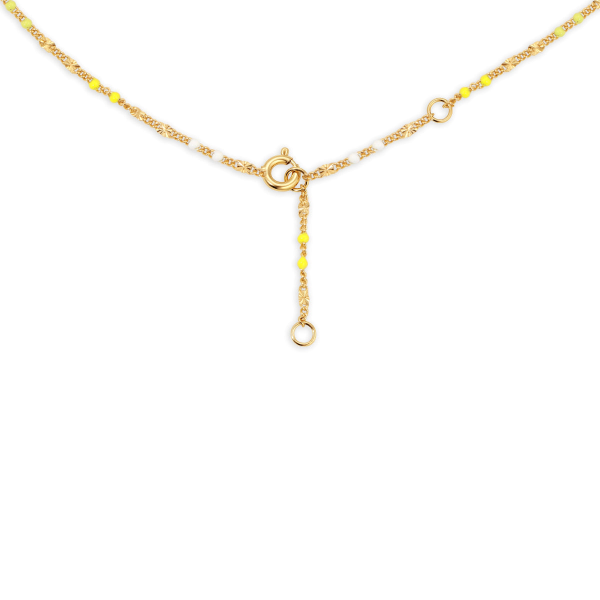 The back of a Confetti Necklace - Yellow on a white background. 