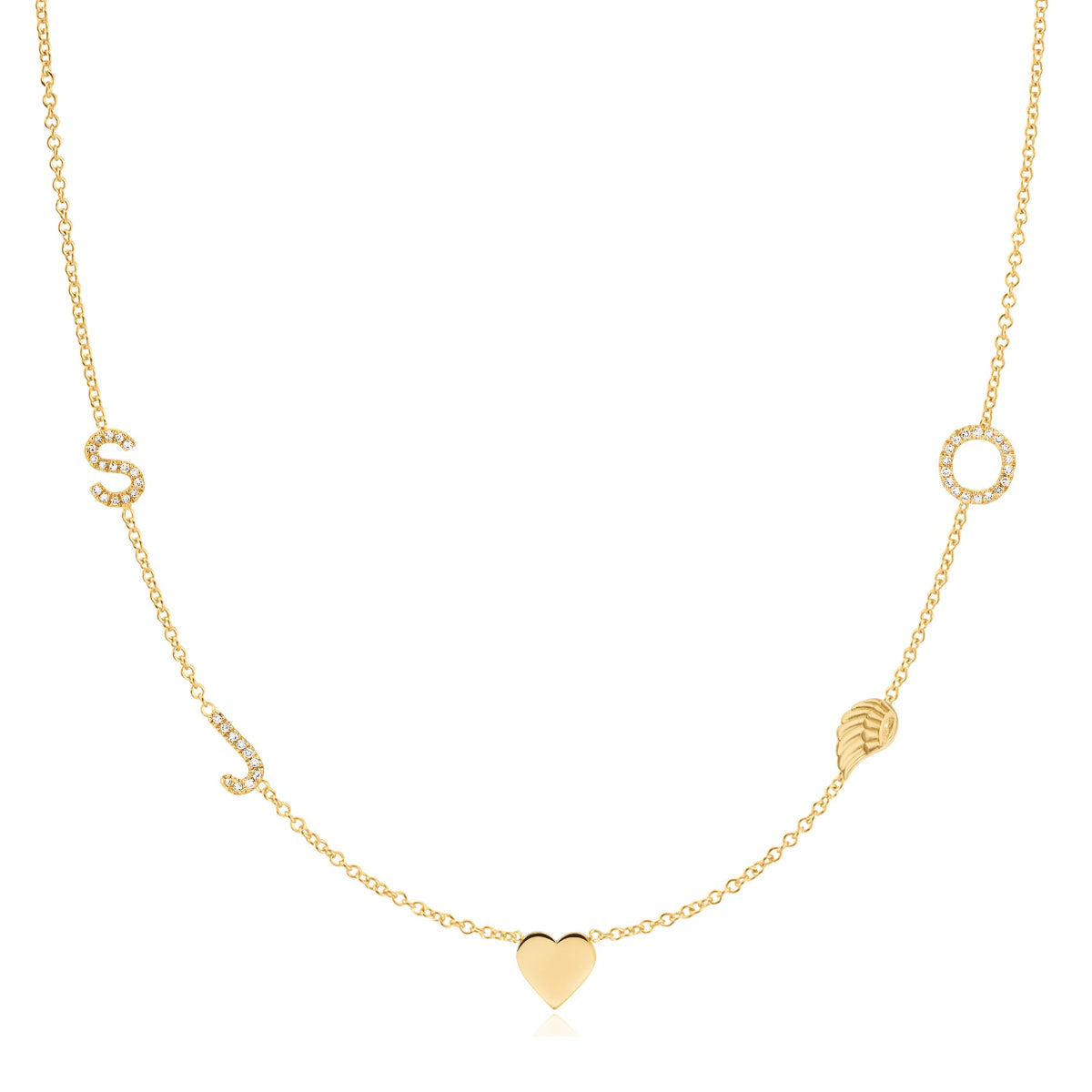 A Custom Gold Necklace in yellow gold with five charms, pave letters S, J and O, a heart and an angel wing, on a white background. 