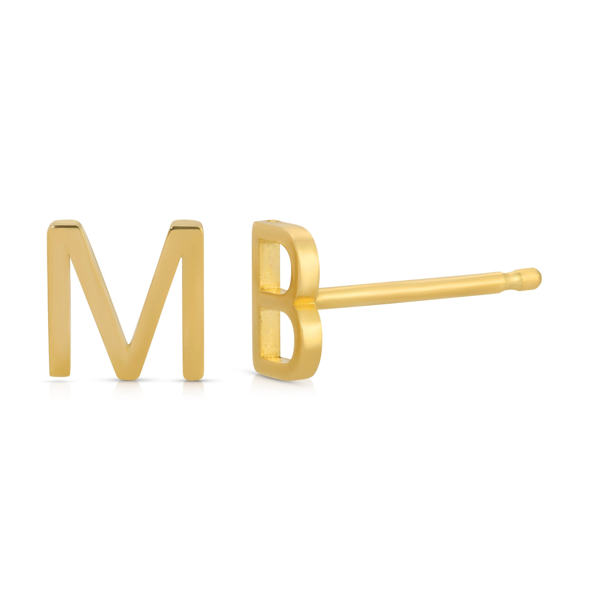 Two yellow gold 14K Gold Letter Studs in M and B on a white background. 