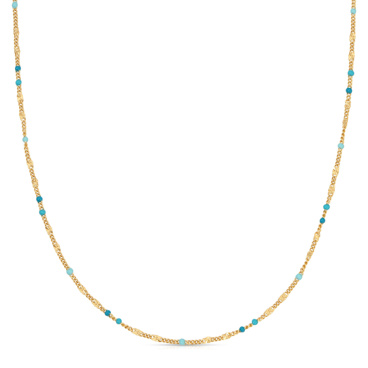A Confetti Necklace - Blue on a white background. 