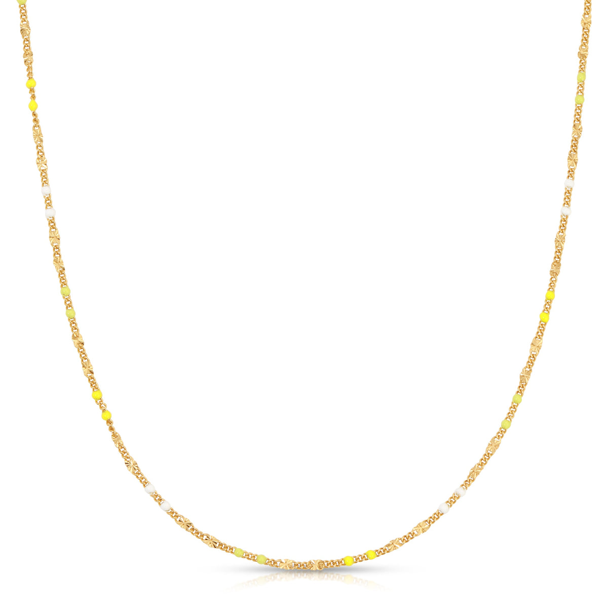 A Confetti Necklace - Yellow on a white background. 