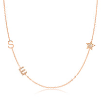 A Custom Gold Necklace in rose gold with two letter charms, a pavé E and an S positioned on the left side of the necklace, and a pavé star on the right side, on a white background.