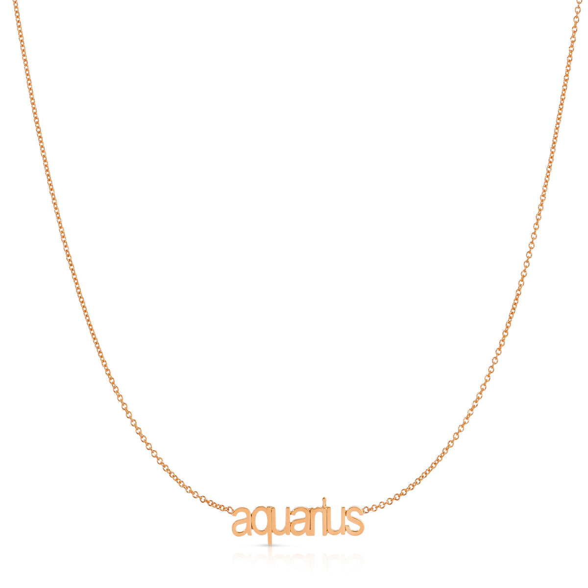 Petite Zodiac Necklace ‘aquarius’ in rose gold on a white background.