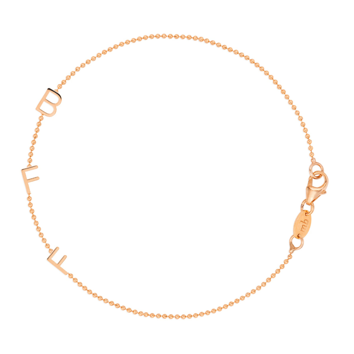 A rose gold BFF Bracelet in a beaded chain bracelet on a white background. 
