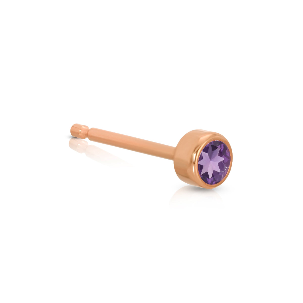 A Birthstone Stud - Amethyst (February) in rose gold on a white background.