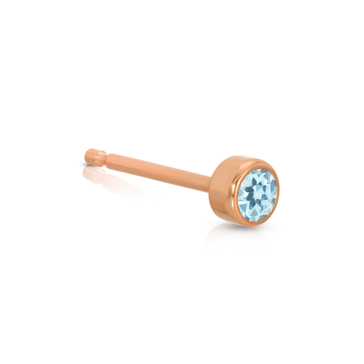 A Birthstone Stud - Aquamarine (March) in rose gold on a white background.