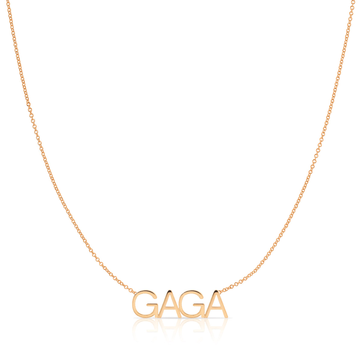A GAGA Necklace in rose gold on a cable chain on a white background.