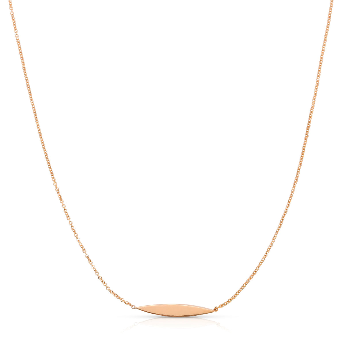 A rose gold Horizon Necklace on white background. 