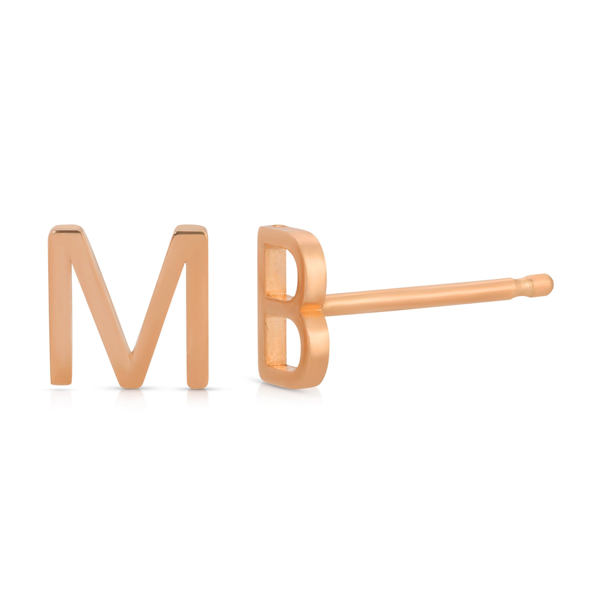 Two rose gold 14K Gold Letter Studs in M and B on a white background. 