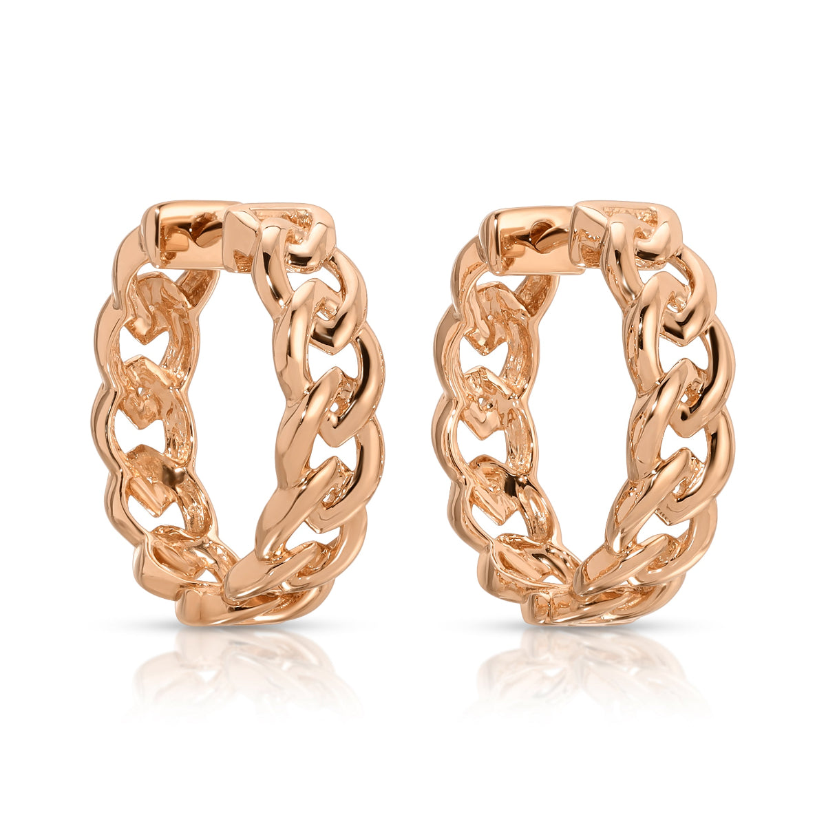A pair of Link Hoops in rose gold on a white background. 