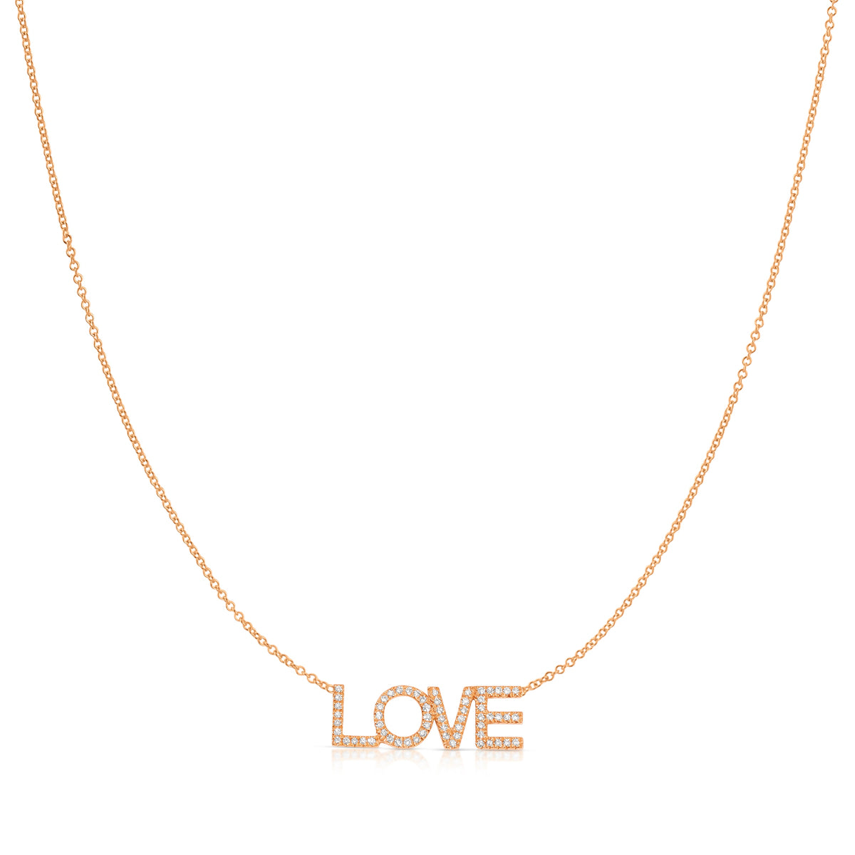 A Pavé LOVE Necklace in rose gold on a cable chain on a white background. 