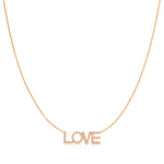A Pavé LOVE Necklace in rose gold on a cable chain on a white background. 