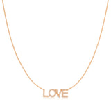 A Pavé LOVE Necklace in rose gold on a cable chain on a white background. 