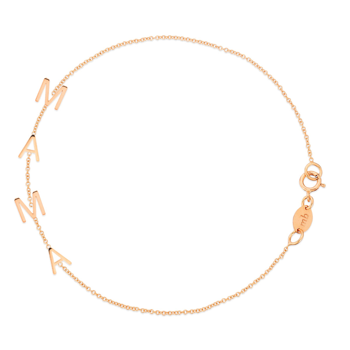 A Mama Bracelet in rose gold with a cable chain on a white background. 