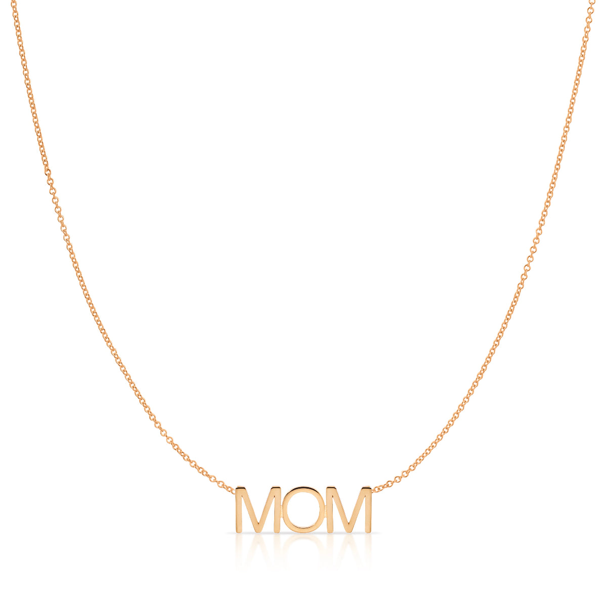 A MOM Necklace in rose gold with a cable chain on a white background. 