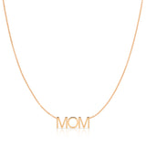 A MOM Necklace in rose gold with a cable chain on a white background. 