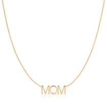 A MOM Necklace in rose gold with a cable chain on a white background. 
