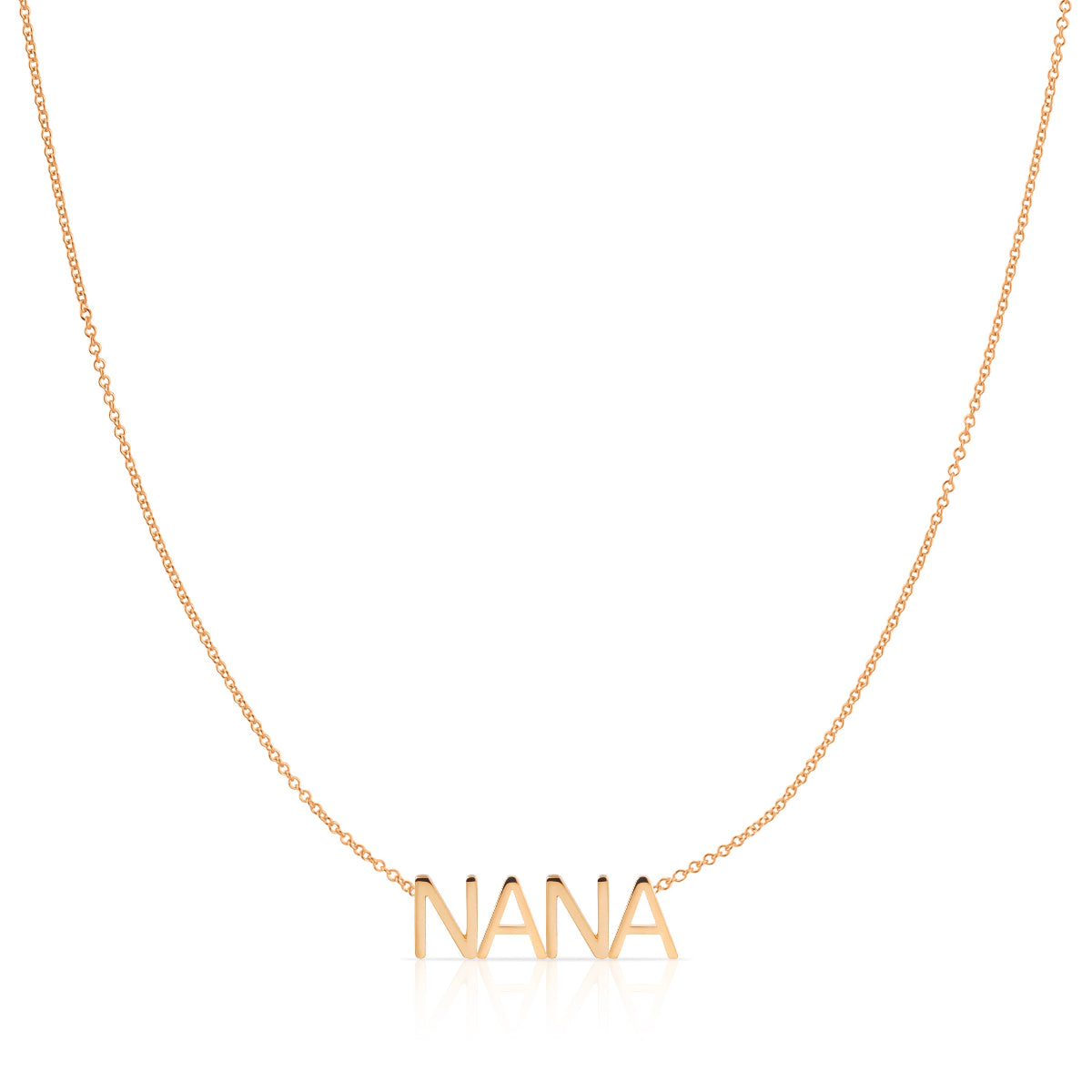 A NANA Necklace in rose gold on a cable chain on a white background.
