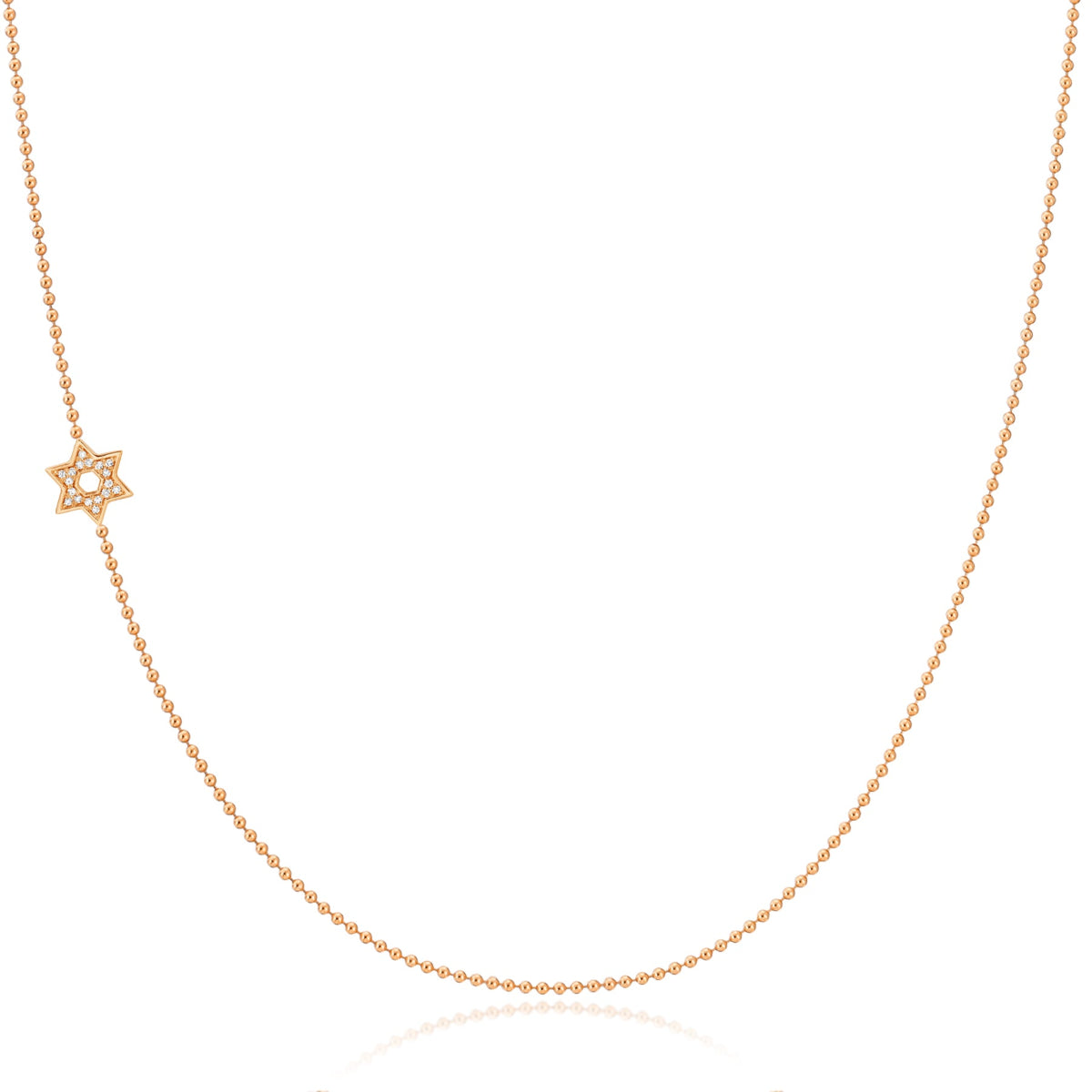 A rose gold 14k Gold Asymmetrical Charm Necklace - Pavé Star of David with a bead chain on a white background. 