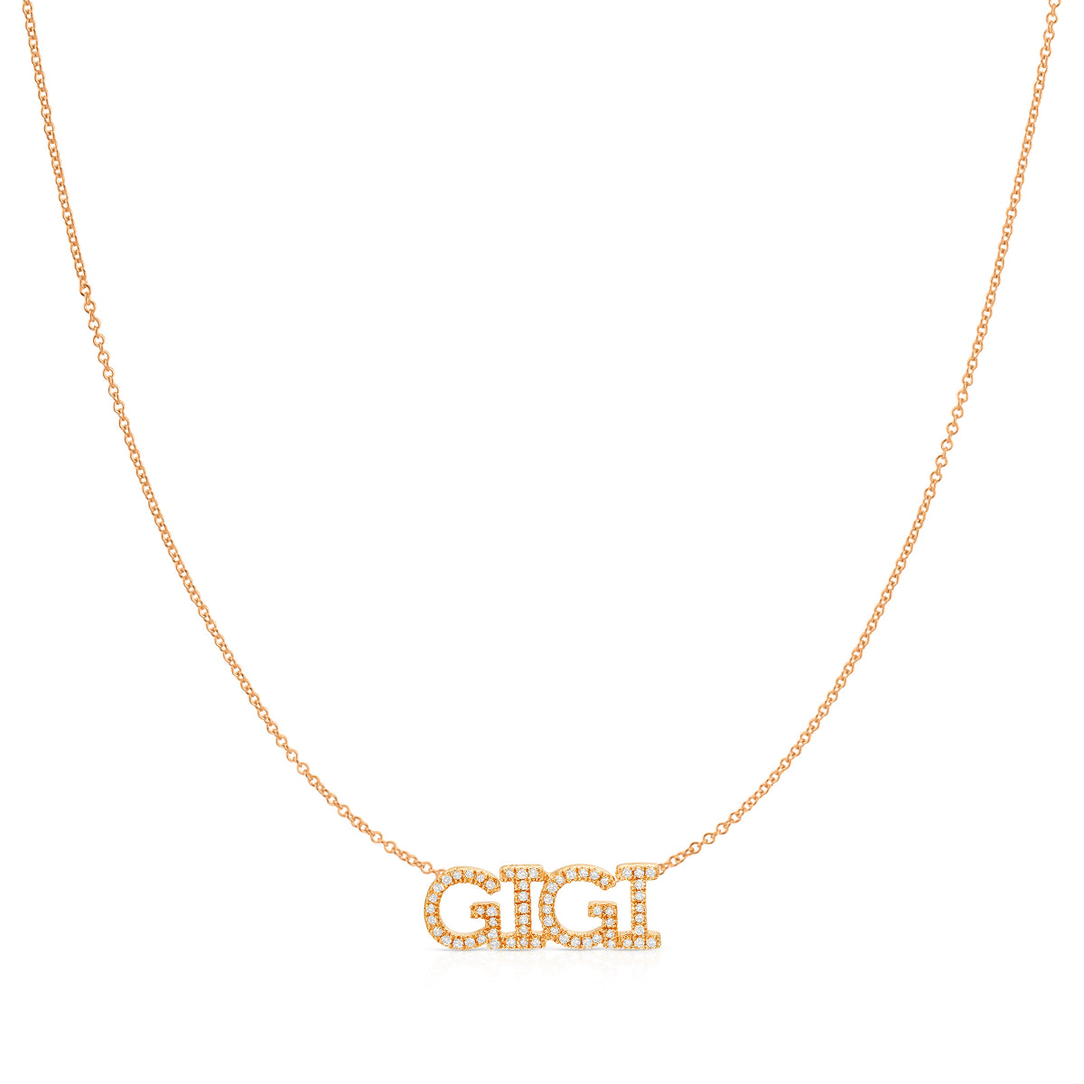 A Pavé 'GIGI' Necklace in rose gold on a cable chain on a white background.