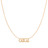 A Pavé 'GIGI' Necklace in rose gold on a cable chain on a white background.