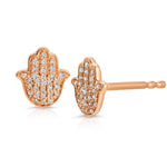 A pair of Pavé Charm Studs - Hamsa in rose gold on a white background.