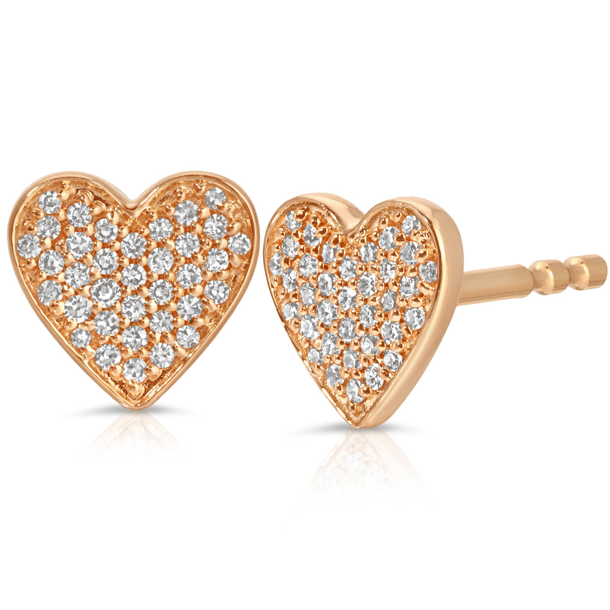 A pair of Pavé Charm Studs - Heart in rose gold on a white background. 