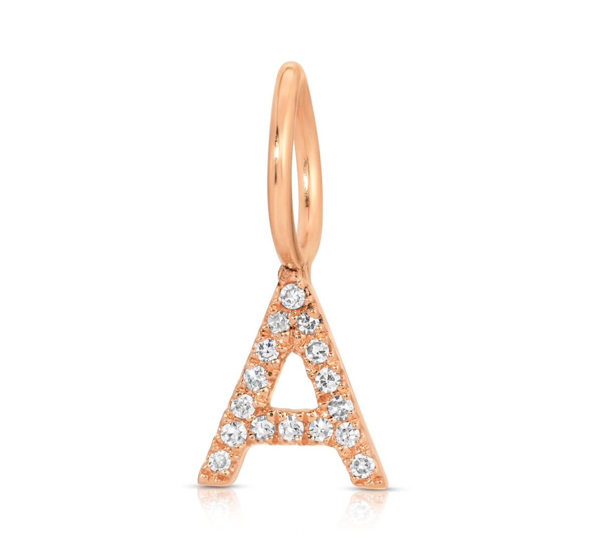 A rose gold Pavé Letter Charm in A on a white background.
