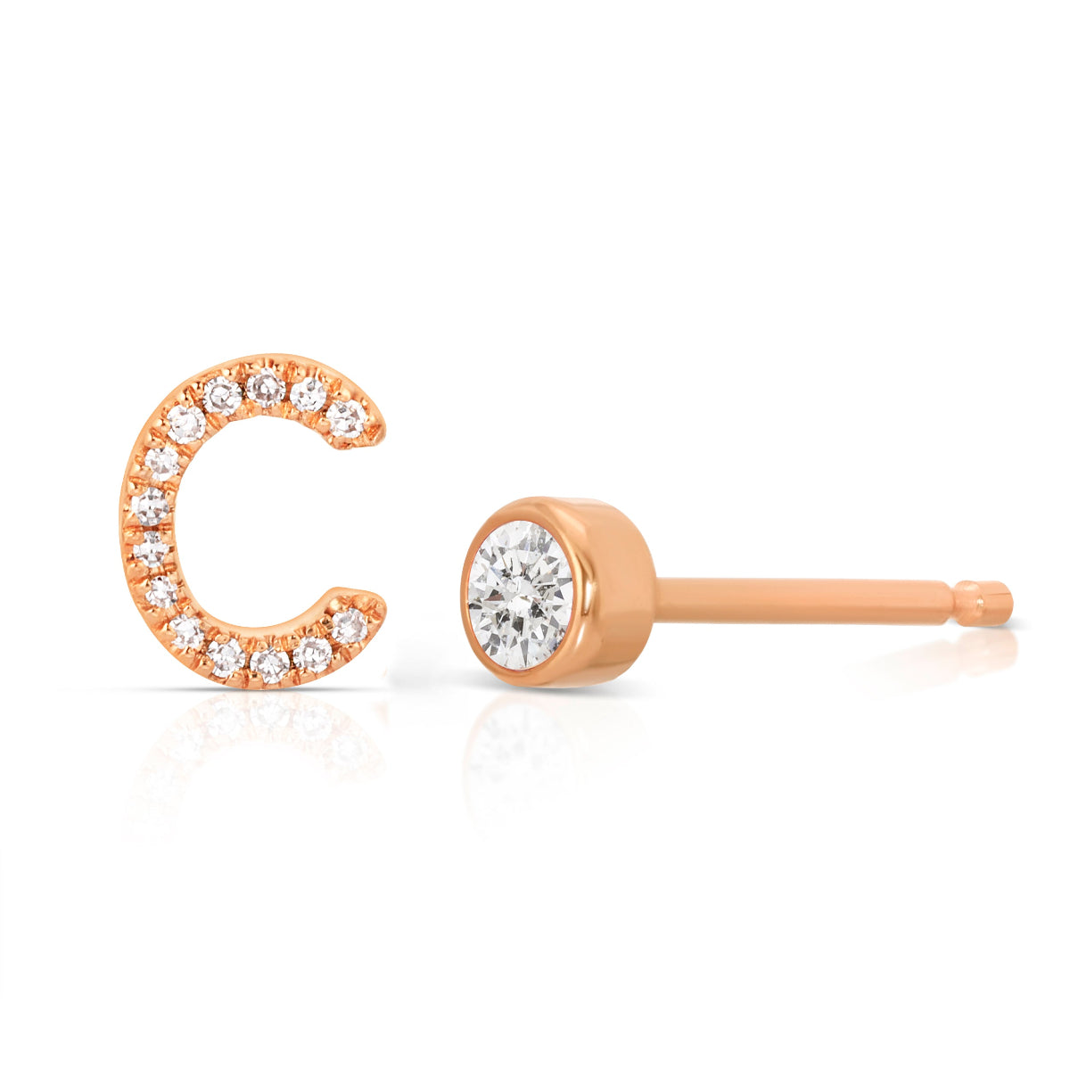 A Pavé Monogram Earring Set in the letter C in rose gold on a white background. 