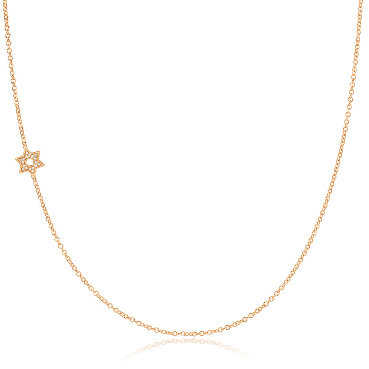 A rose gold 14k Gold Asymmetrical Charm Necklace - Pavé Star of David with a cable chain on a white background. 