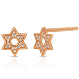A pair of Pavé Charm Studs - Star of David in rose gold on a white background.