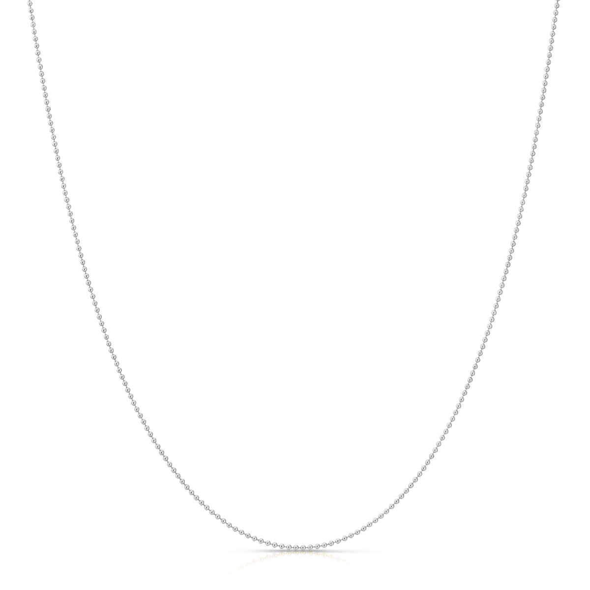 A Classic Bead Chain in white gold on a white background. 