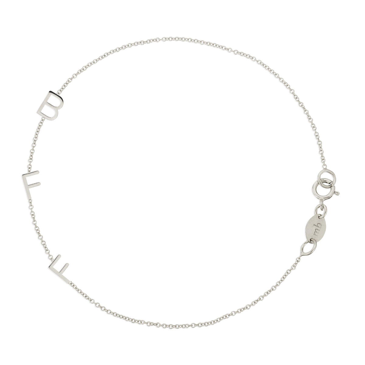 A white gold BFF Bracelet in a cable chain bracelet on a white background. 