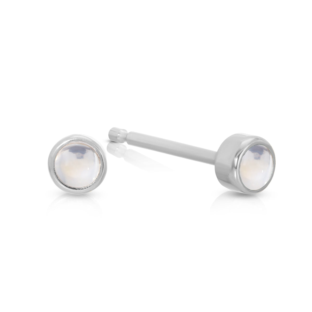 A pair of Birthstone Studs - Moonstone (June) in white gold on a white background. 