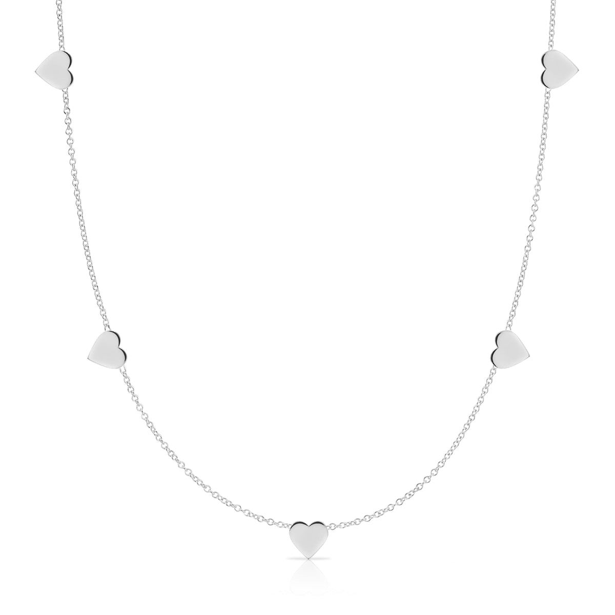 The 5 of Hearts Necklace in white gold on a white background. 