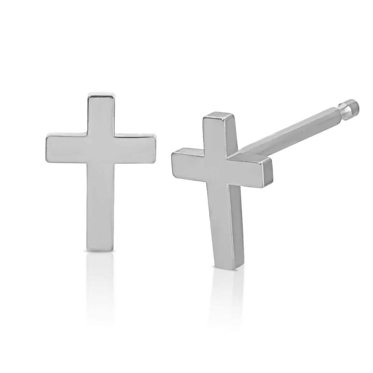 A pair of Charm Studs - Cross in white gold on a white background. 
