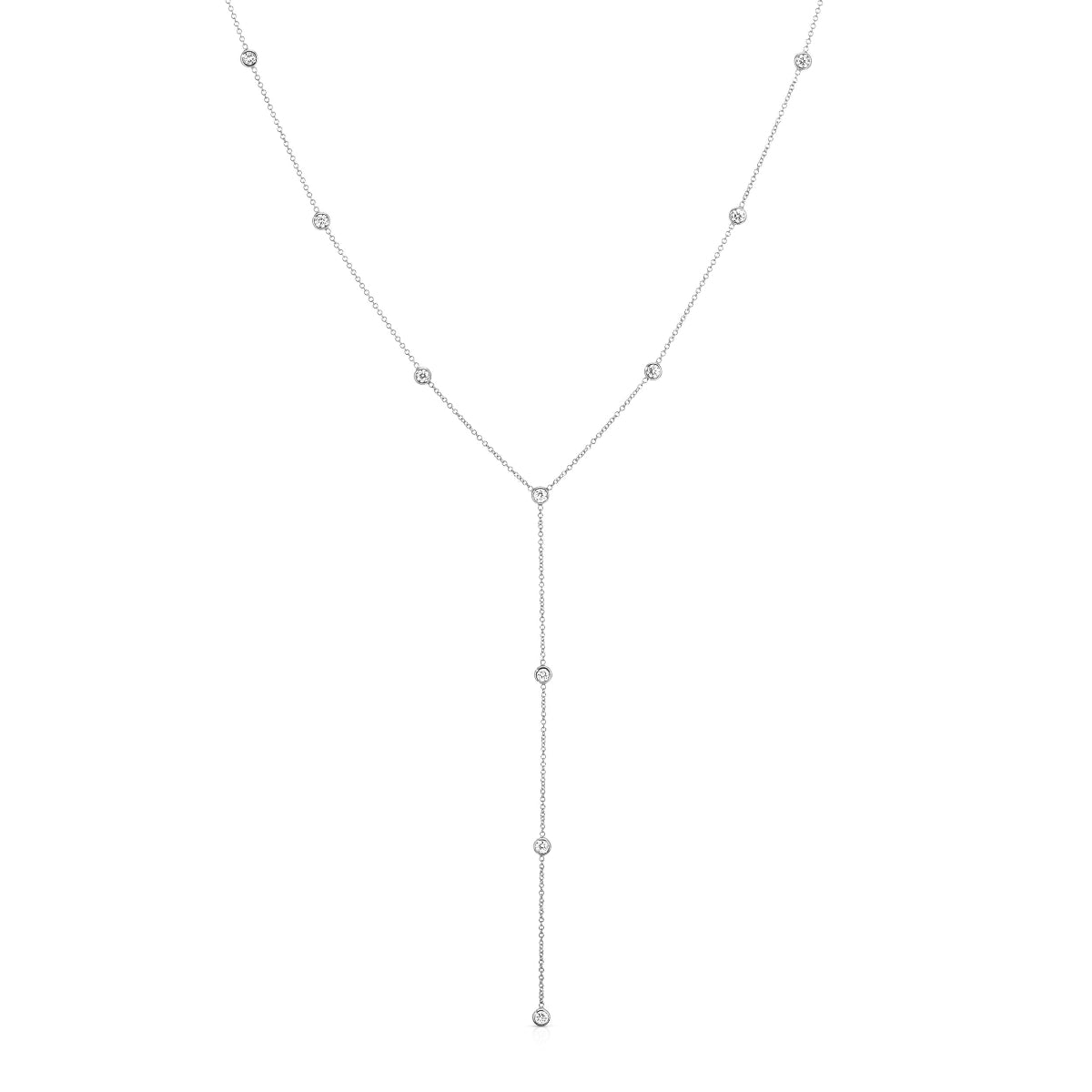 A Starstruck Diamond Lariat in white gold on a white background. 