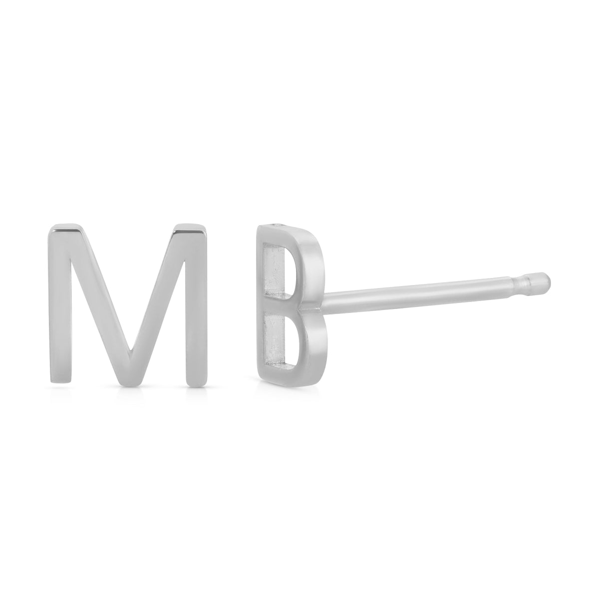 Two white gold 14K Gold Letter Studs in M and B on a white background. 