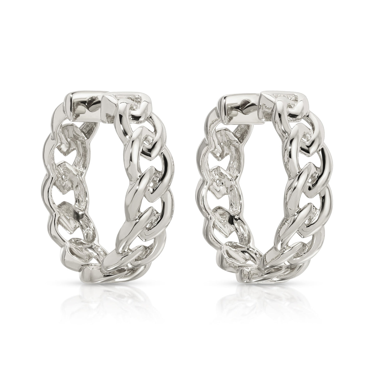 A pair of Link Hoops in white gold on a white background. 