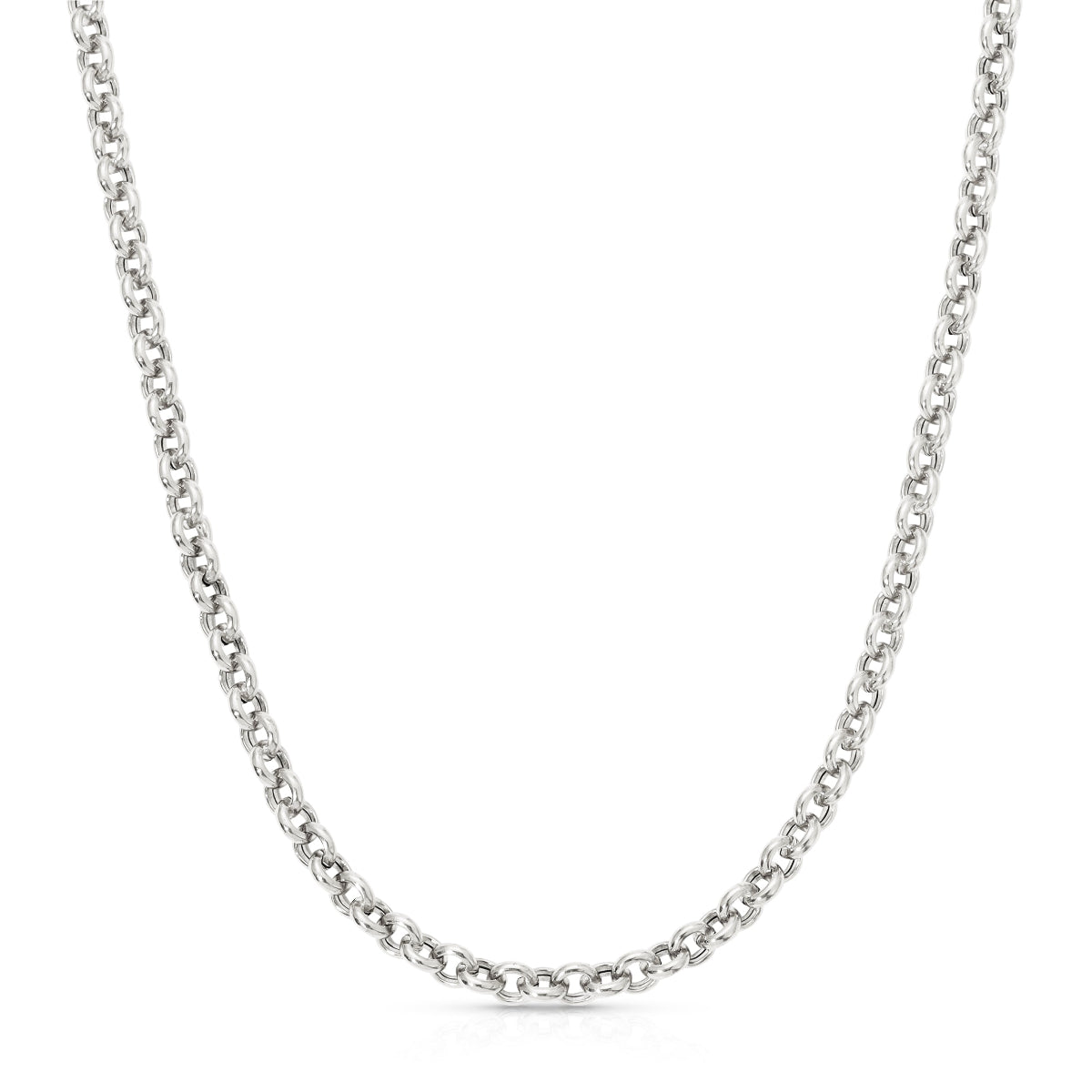 A white gold Rolo Necklace on a white background. 