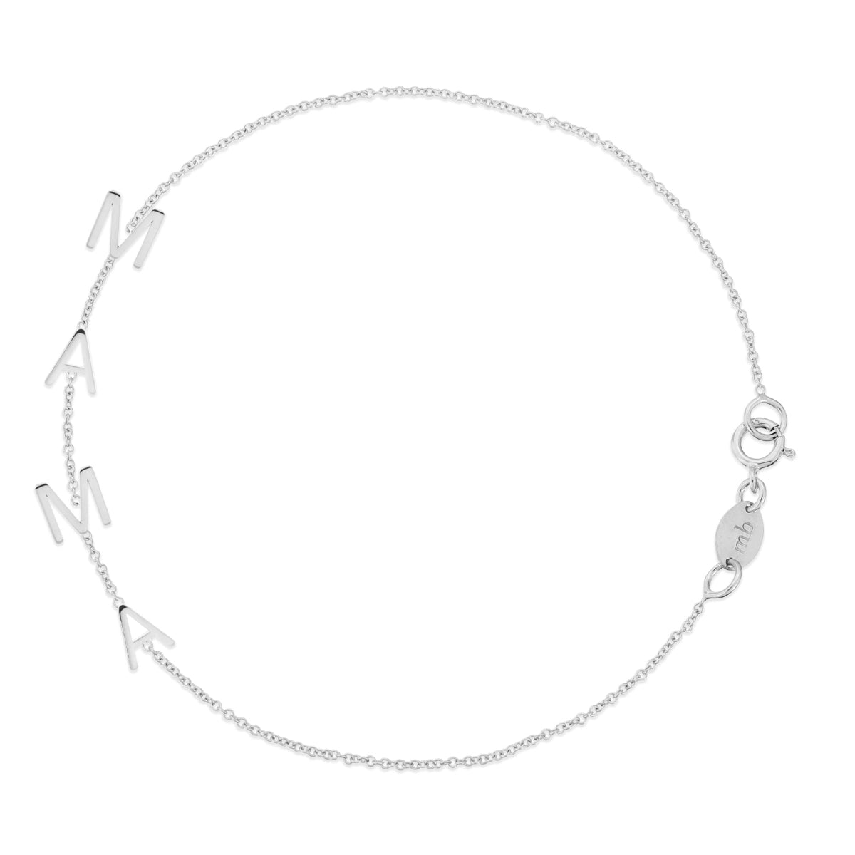 A Mama Bracelet in white gold with a cable chain on a white background. 